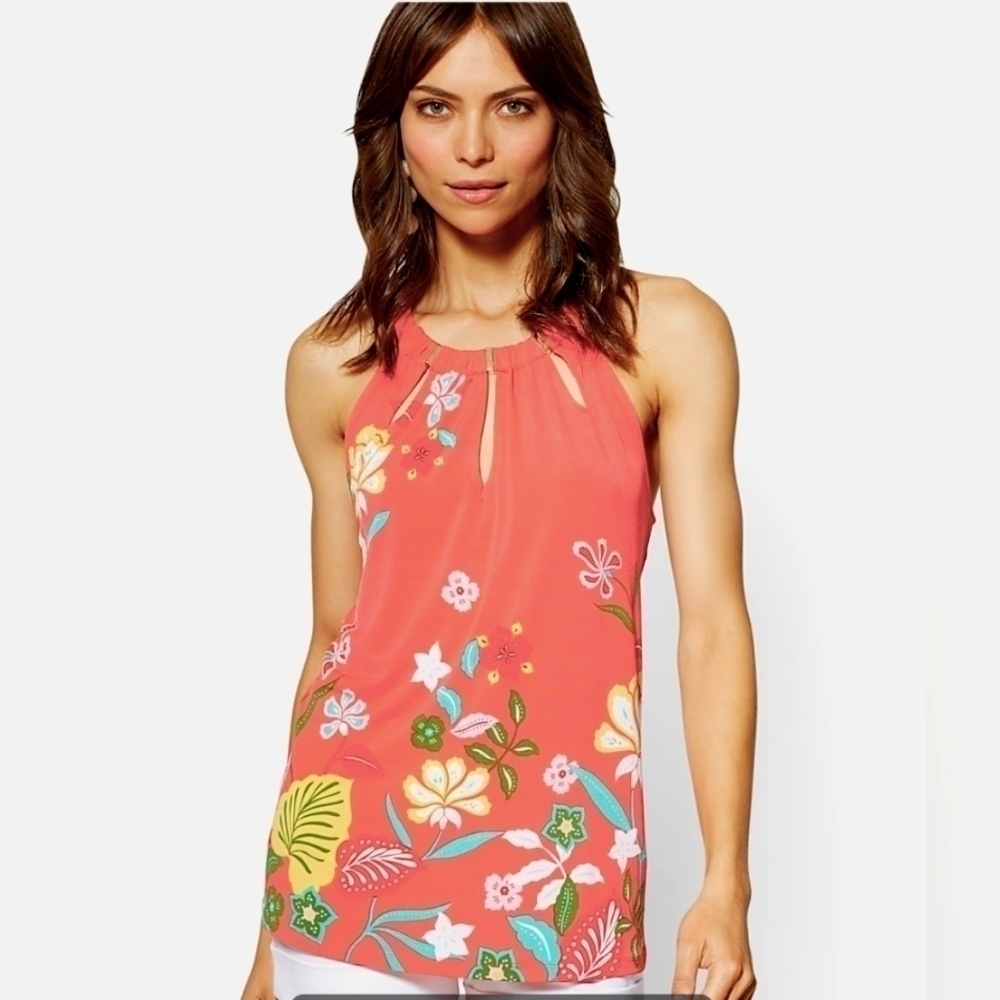 NY & Co 7th Avenue; Hardware-Accent Halter Top - Floral, Sz XL